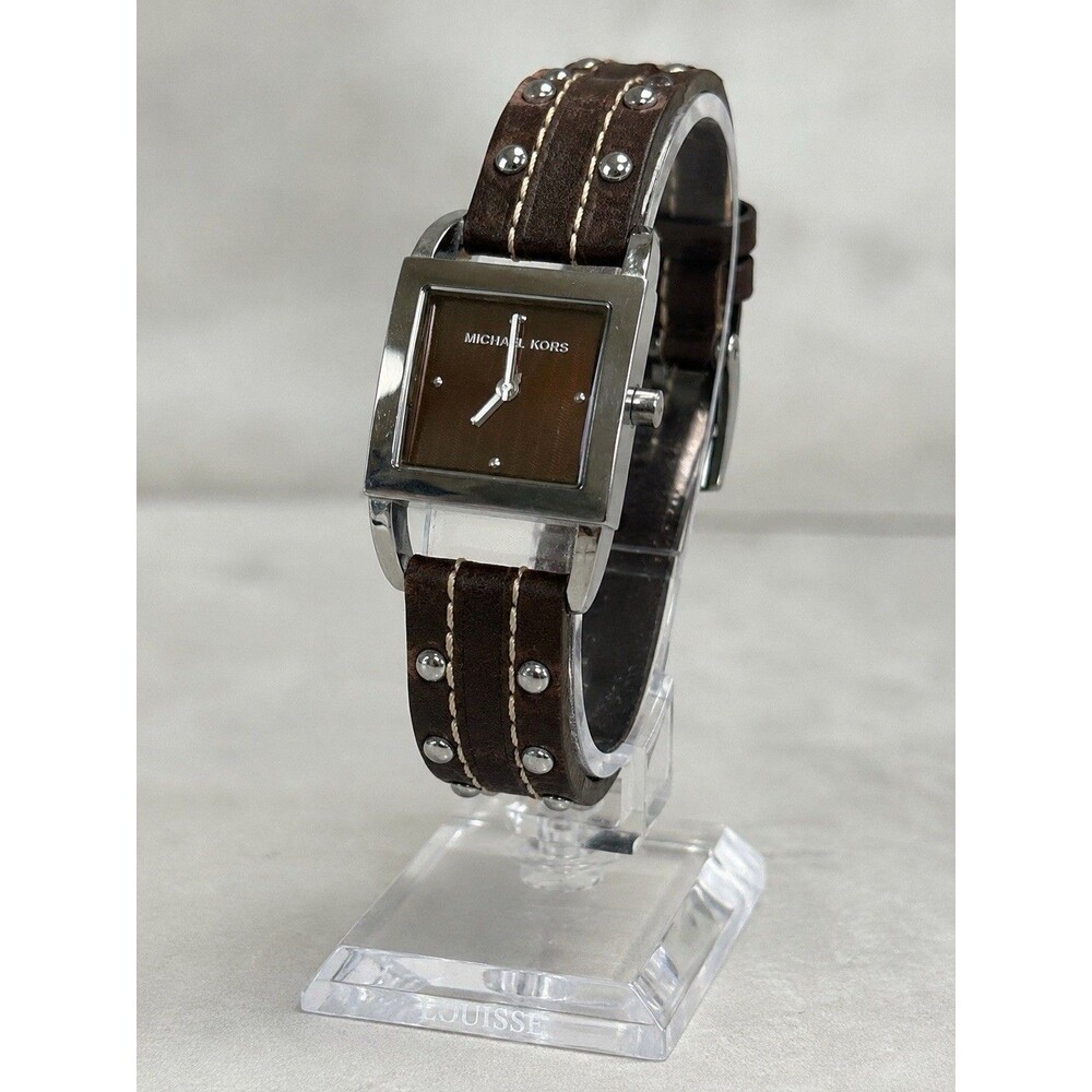 Michael Kors MK-2064 Vintage Women Watch Brown Studded Silver Square New Battery